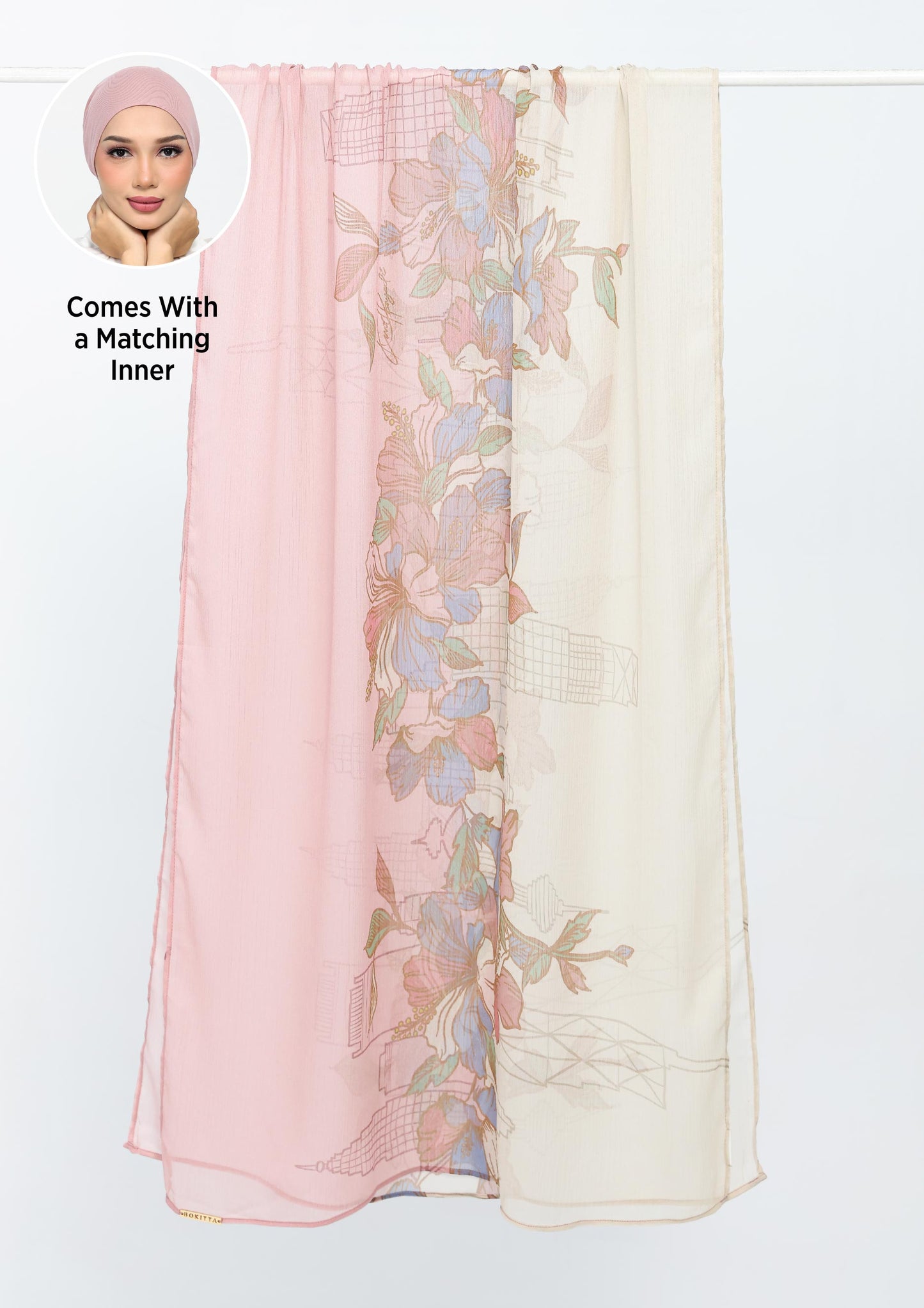 Blossoms over KL - Crinkled Chiffon - Shawl With Inner