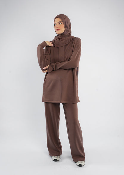 Women’s Modest Two-Piece Soft-Touch Modal Lounge Set – With Half Snap  – Wild Truffle