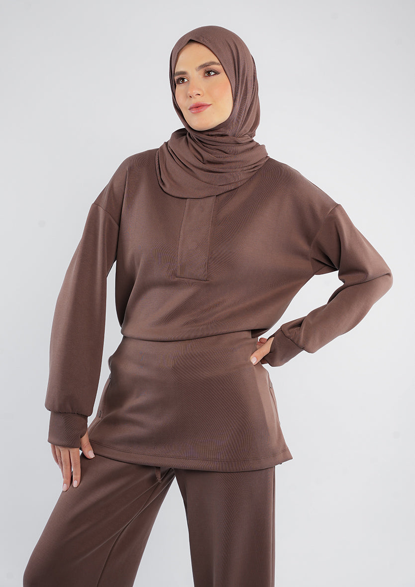 Women’s Modest Two-Piece Soft-Touch Modal Lounge Set – With Half Snap  – Wild Truffle