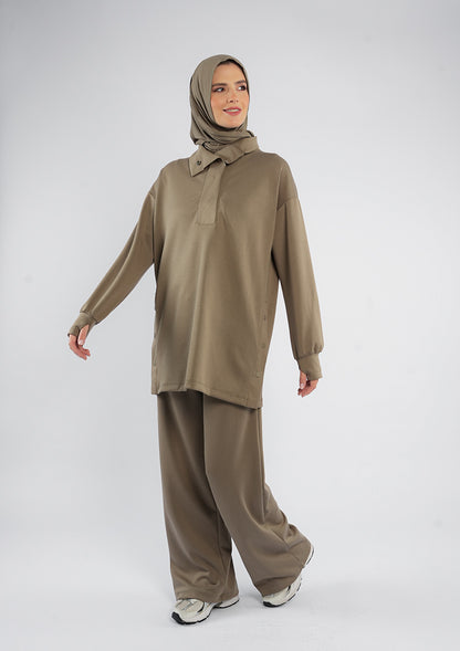 Women’s Modest Two-Piece Soft-Touch Modal Lounge Set – With Half Snap  – Wild Truffle