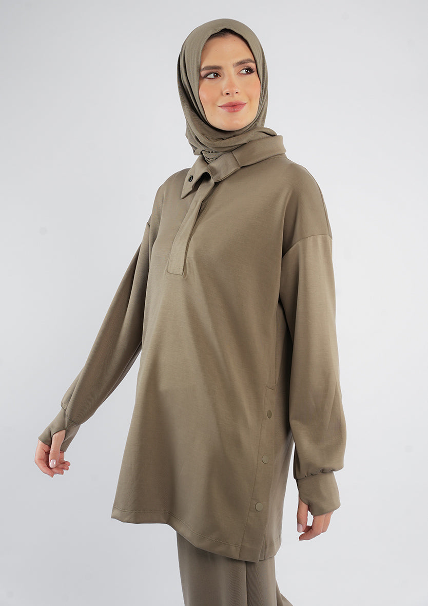 Women’s Modest Two-Piece Soft-Touch Modal Lounge Set – With Half Snap  – Wild Truffle