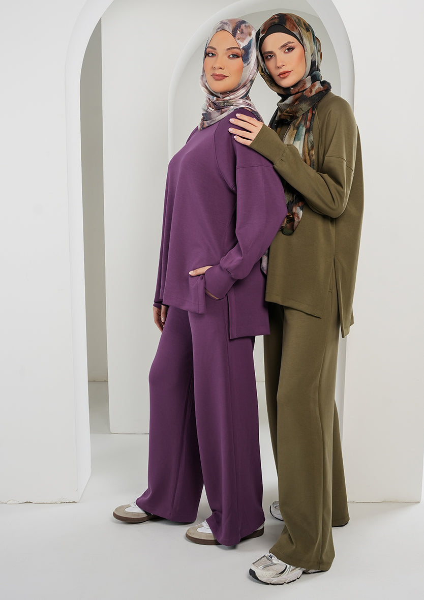 Women’s Modest Two-Piece Soft-Touch Modal Lounge Set – Relaxed Fit – Purple