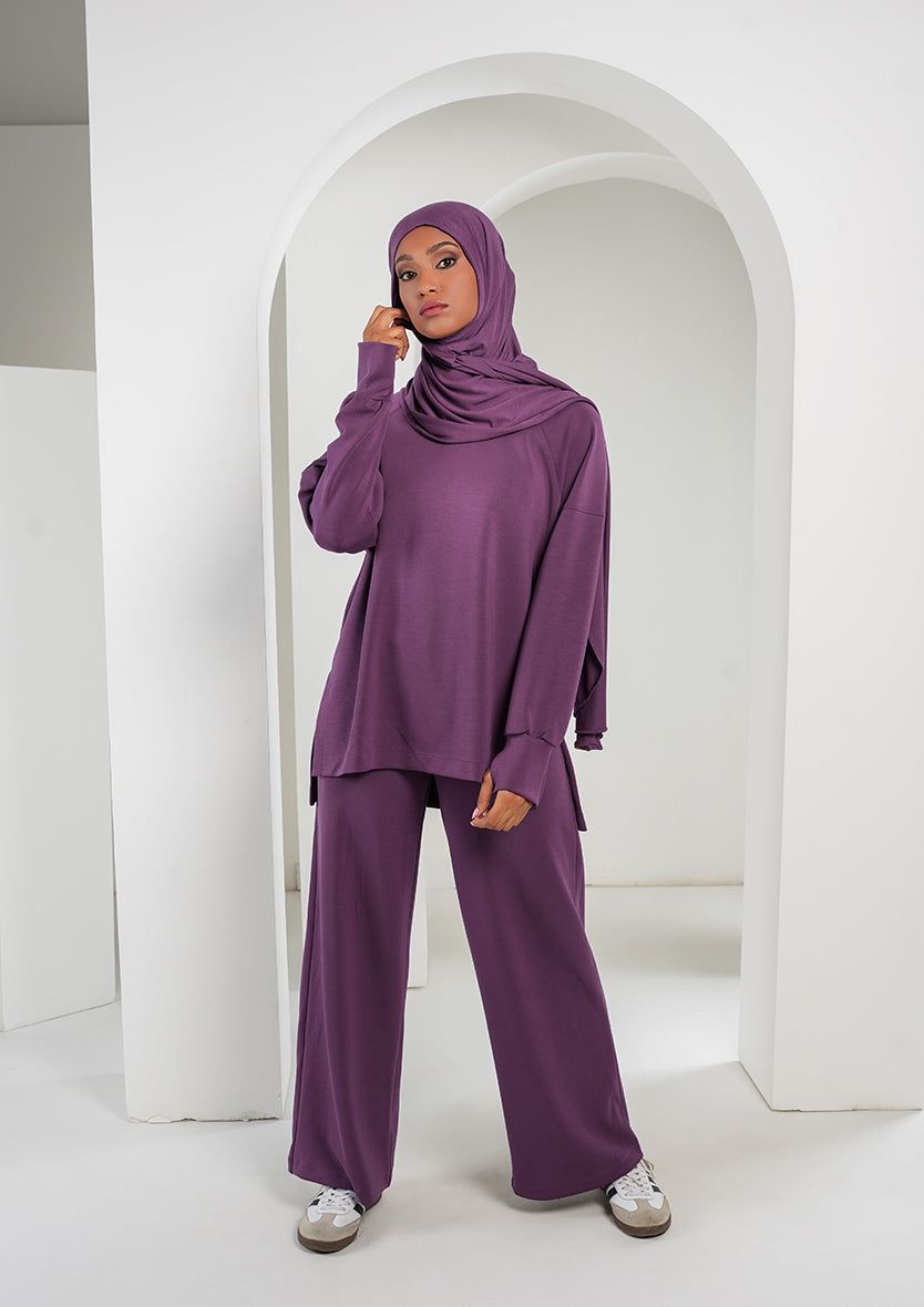Women’s Modest Two-Piece Soft-Touch Modal Lounge Set – Relaxed Fit – Purple