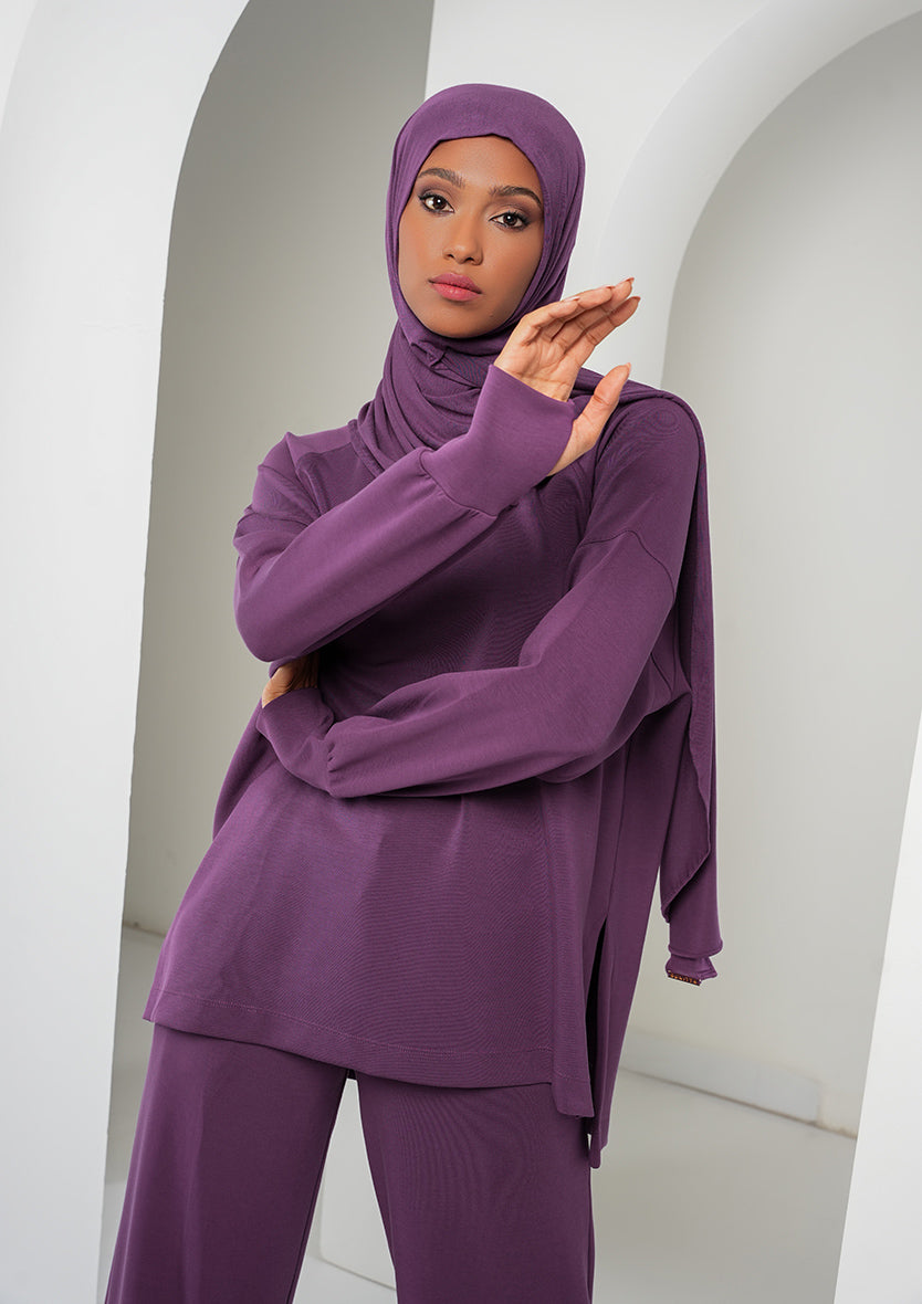 Women’s Modest Two-Piece Soft-Touch Modal Lounge Set – Relaxed Fit – Purple