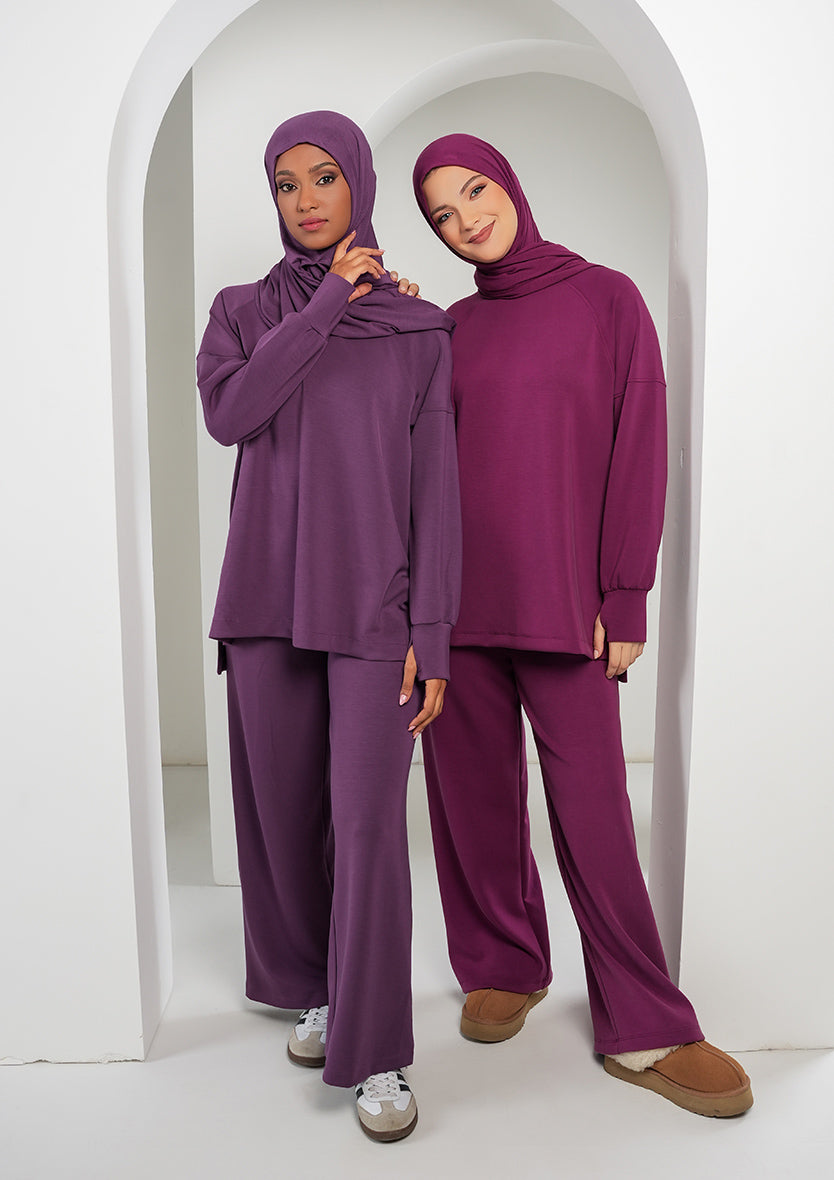 Women’s Modest Two-Piece Soft-Touch Modal Lounge Set – Relaxed Fit – Purple