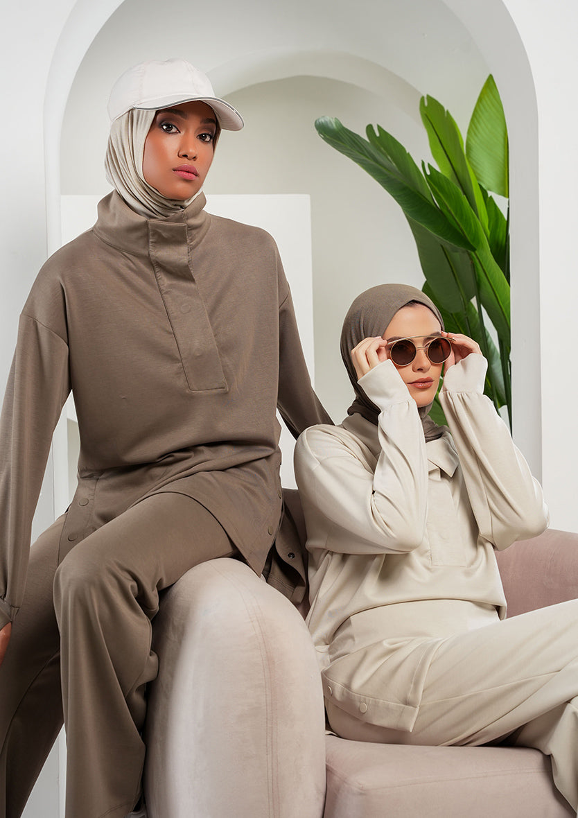 Women’s Modest Two-Piece Soft-Touch Modal Lounge Set – With Half Snap  – Wild Truffle