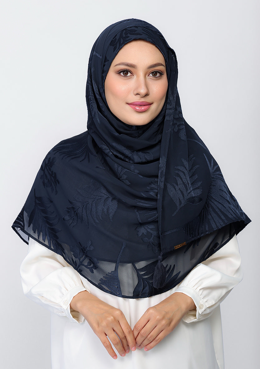 Navy Palm Premium Brasso - Instant Hijab with Inner